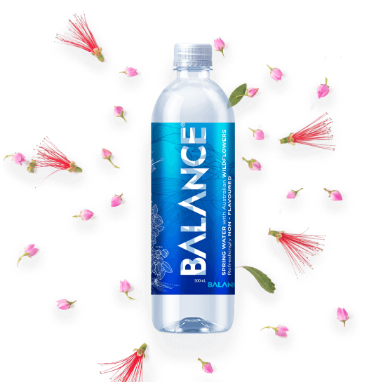 Bottle of water with wildflowers from Balance water in Australia